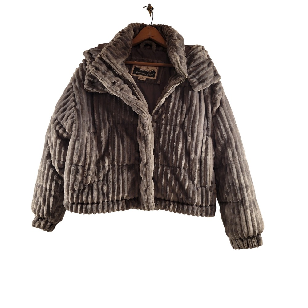 American Eagle Puffer Jacket Women XS Gray Excellent Ribbed Faux Fur Hooded